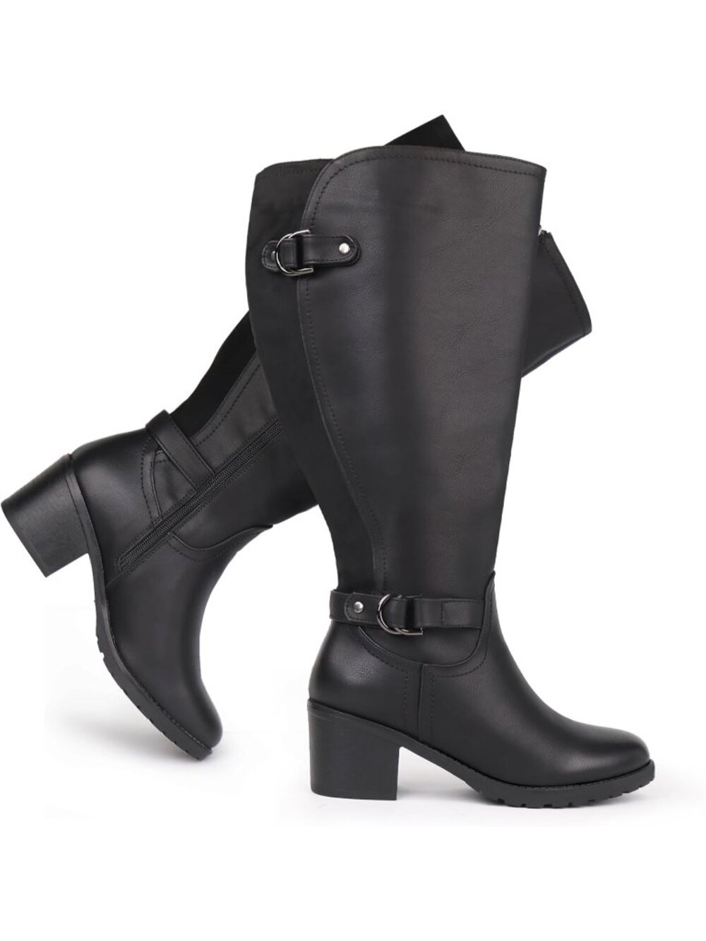Women's Black Wide Calf Block Heel and Decorated Double Buckle  Knee High Boots